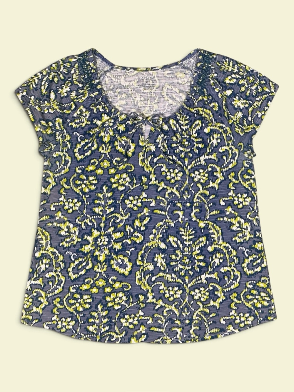 Sonoma Life + Style Life Top Blue Yellow Blouse Short Sleeve Floral Damask M